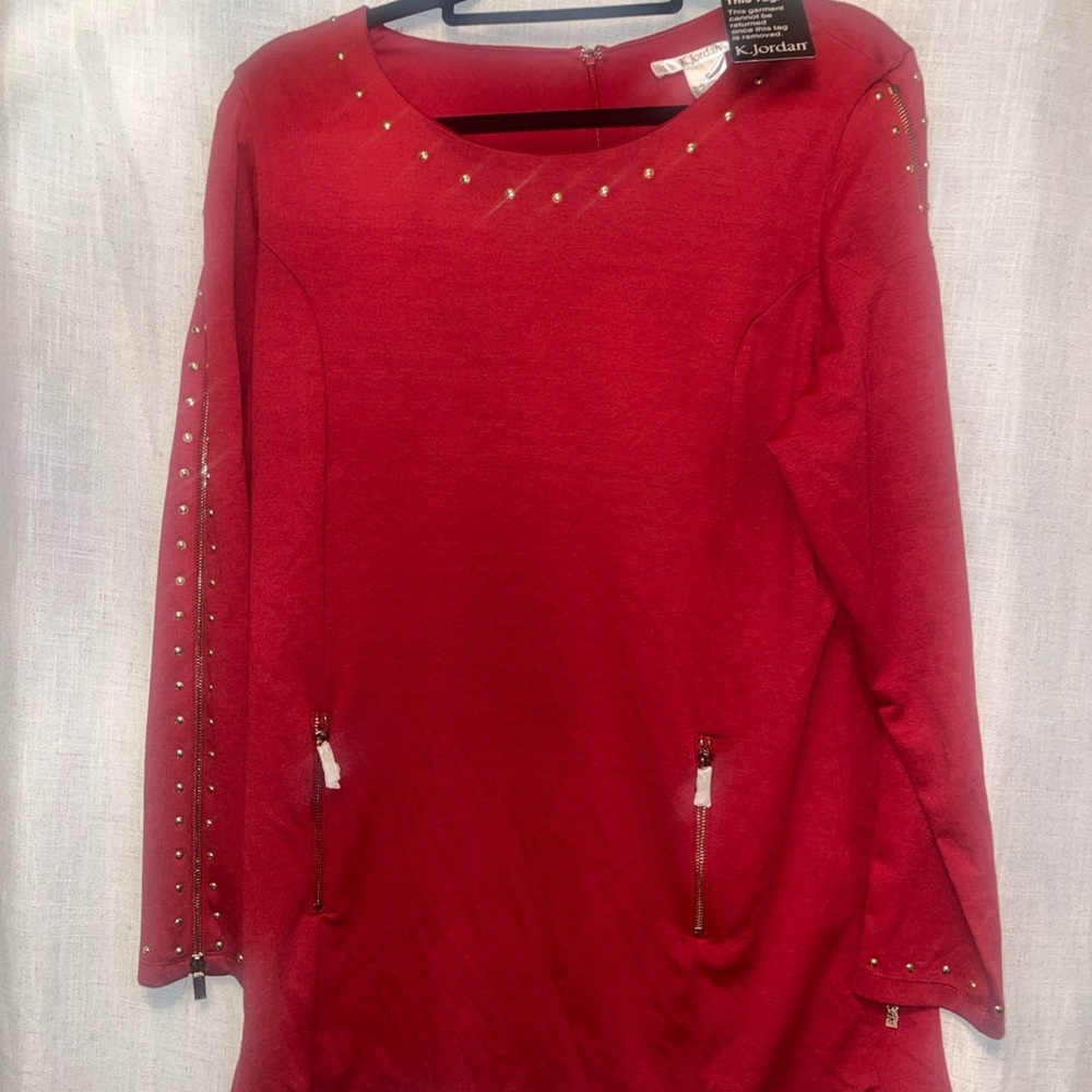 K Jordan‎ Vibrant Red Blouse with Gold Studs and Zipper Details